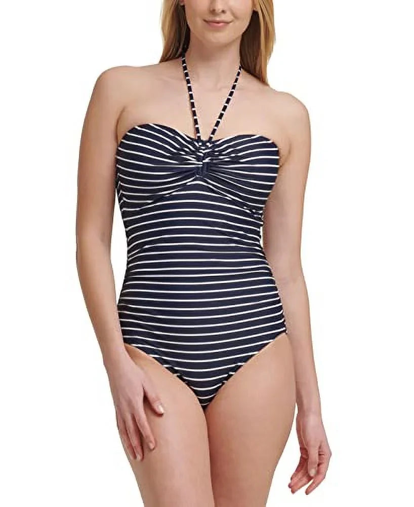 HILFIGER Cup Navy TOMMY 4 One Coverage Bandeau Stretch Piece Tie Lined Swimsuit Molded Striped Moderate Neck Women's