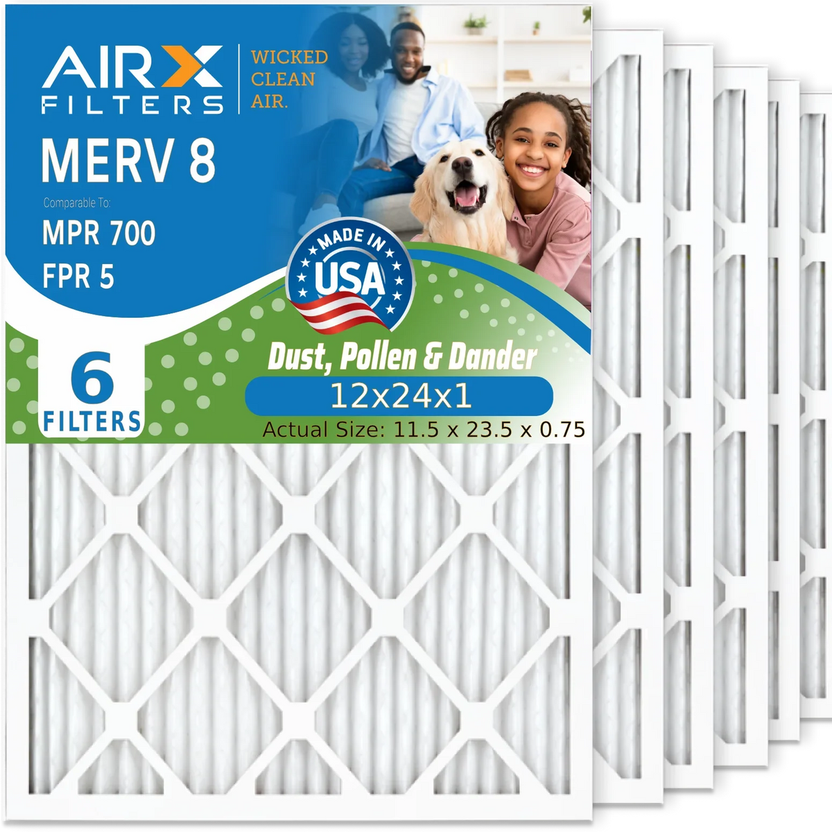 Furnace USA Premium 5 CLEAN FILTERS Made by 12x24x1 & Pack Pleated 8 Filter HVAC Air Air AC Filter 12x24x1 6 FPR MPR 700 AIR. MERV WICKED Conditioner AIRX Filters Comparable Electrostatic to