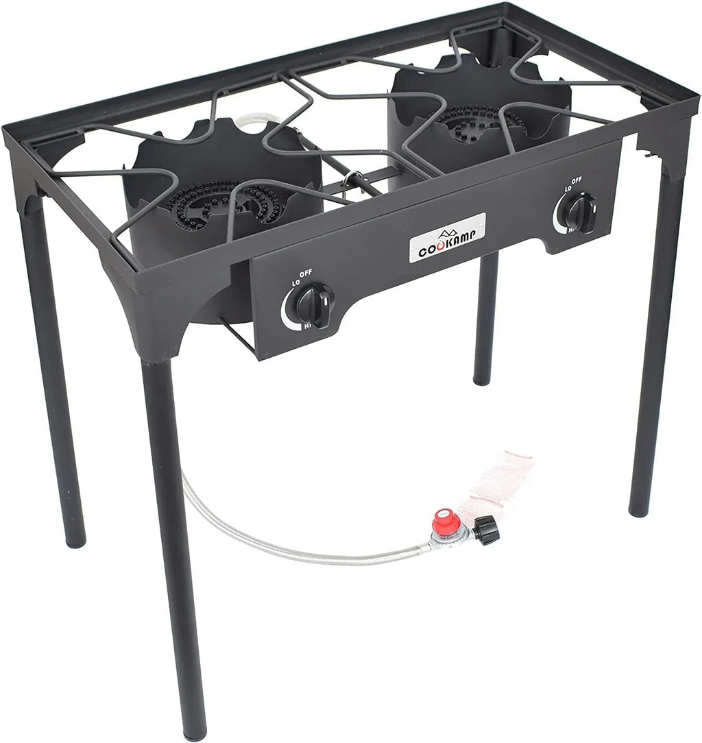 0-20 Adjustable High Height. Braided Camp (2-Burner) Regulator with Outdoor Banjo Pressure Stove and PSI Steel Adjustable Hose