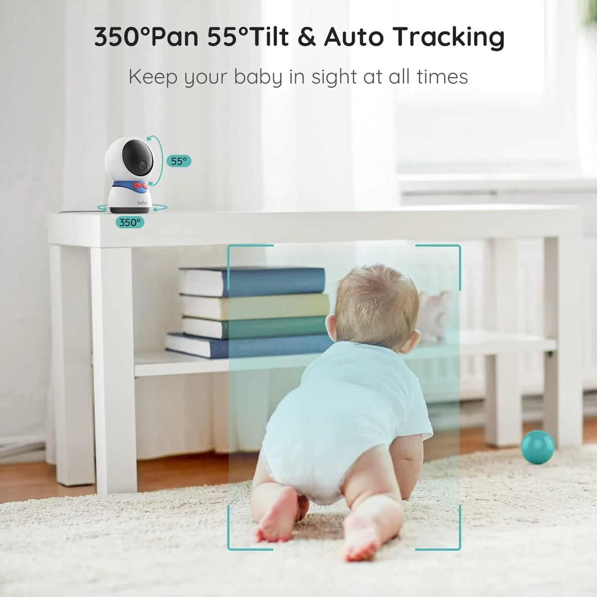 Detection 300M Monitor Night Video BOIFUN Vision, Monitor Remote & APP, Auto Motion Audio Smart Pan-Tilt-Zoom, Camera with Baby Baby with 5'' and Range, Long Track, 1080P, Two-way