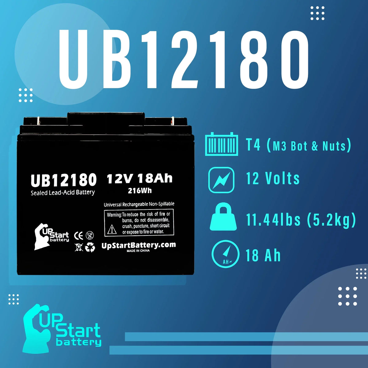 Acid (12V, Terminal, Pack OF CSB T4 Battery - Universal Battery Lead BATTERY Replacement SLA) 18Ah, 18000mAh, Compatible UB12180 - 3x AGM, GP12170 Sealed AMERICA