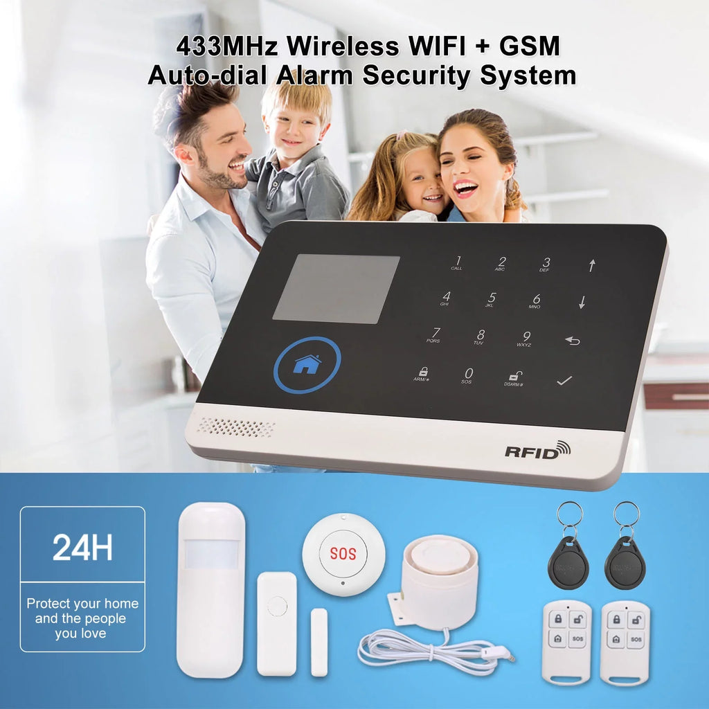 Remote Smart Motion Home Burglar Sensor Compatible Voice System Home Wireless LCD Display System Door WIFI Control APP Control Alarm with PIR 433MHz + Alarm Auto-dial GSM Sensor Phone