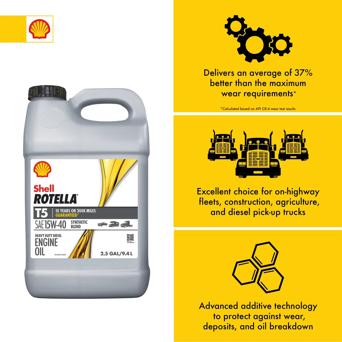 Engine Oil, Rotella Shell Diesel Blend Gallon 2.5 15W-40 Synthetic T5
