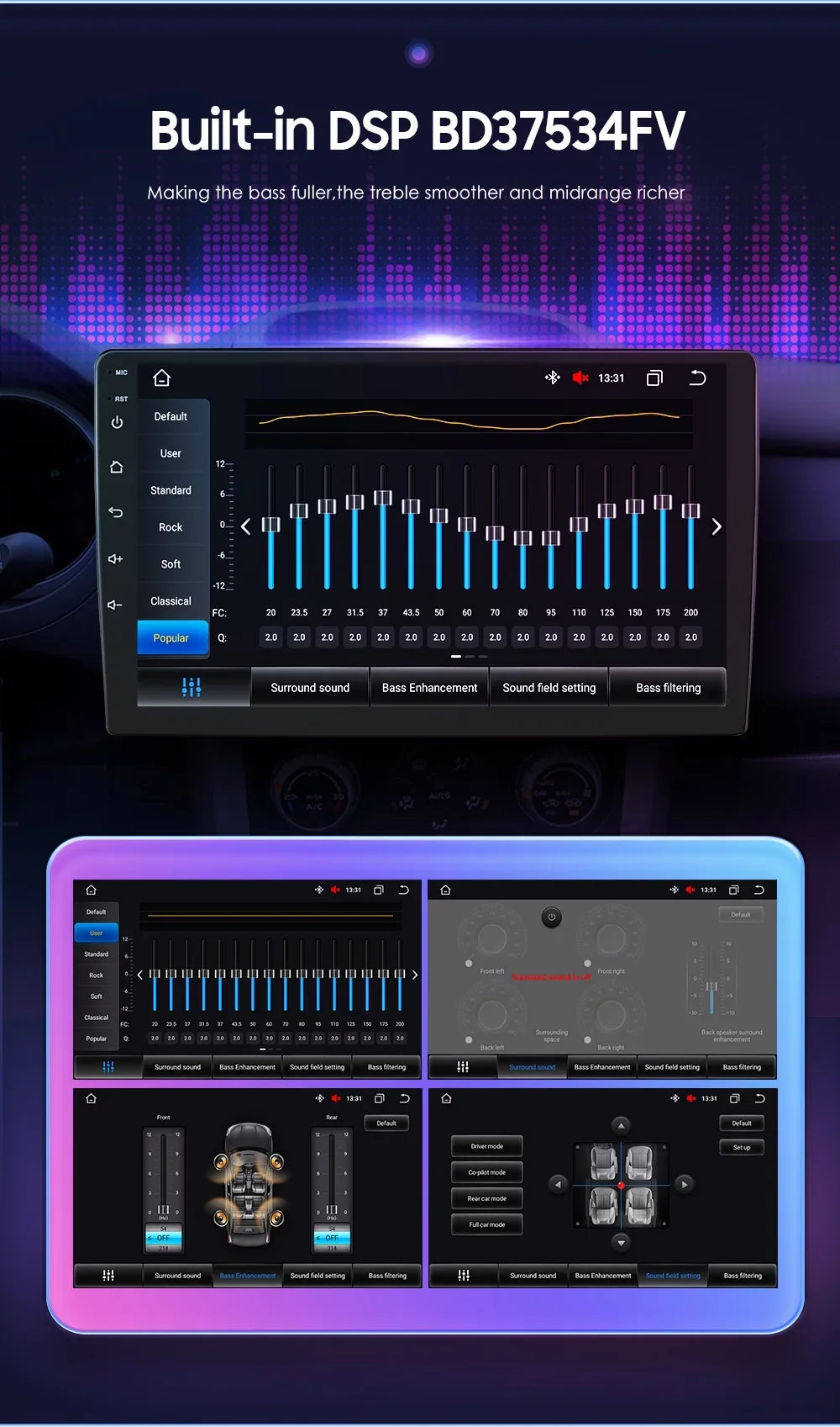 DSP Universal Wireless Stereo in-Dash 1280X720 Din 9" Double QLED Carplay Screen Auto Multimedia Android GPS Navigation Head Store,YouTube Car Player,Weather,Play Android Radio Unit 4+32G AM/FM