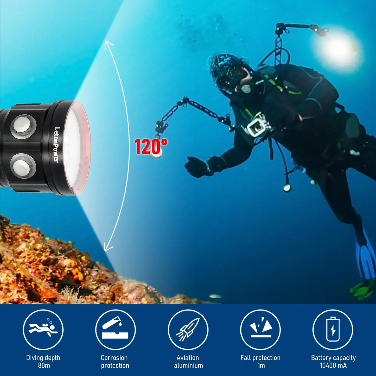 Light 8000Lumens for Video Lights Shooting Flashlight B15 Scuba Flashlight Video Dive Sports,Underwater Underwater 80m Underwater Under Water Photography and Dive Light Diving