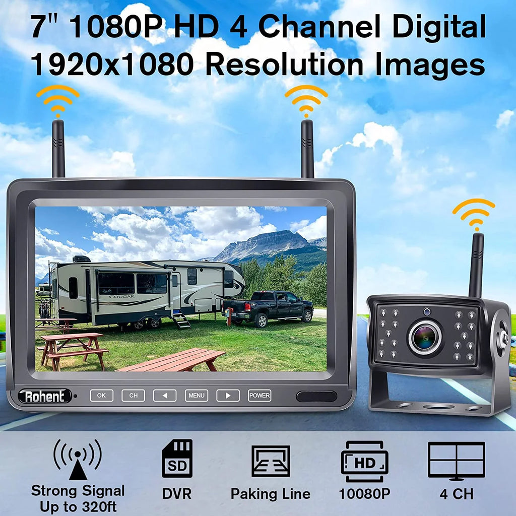 Upgraded Monitor Use Camper Driving/Reverse Wheel Observation Waterproof Truck 7" IP69K Trailers High-Speed System with Wireless Split for Night RV Recorder Digital 5th Screen Backup Camera