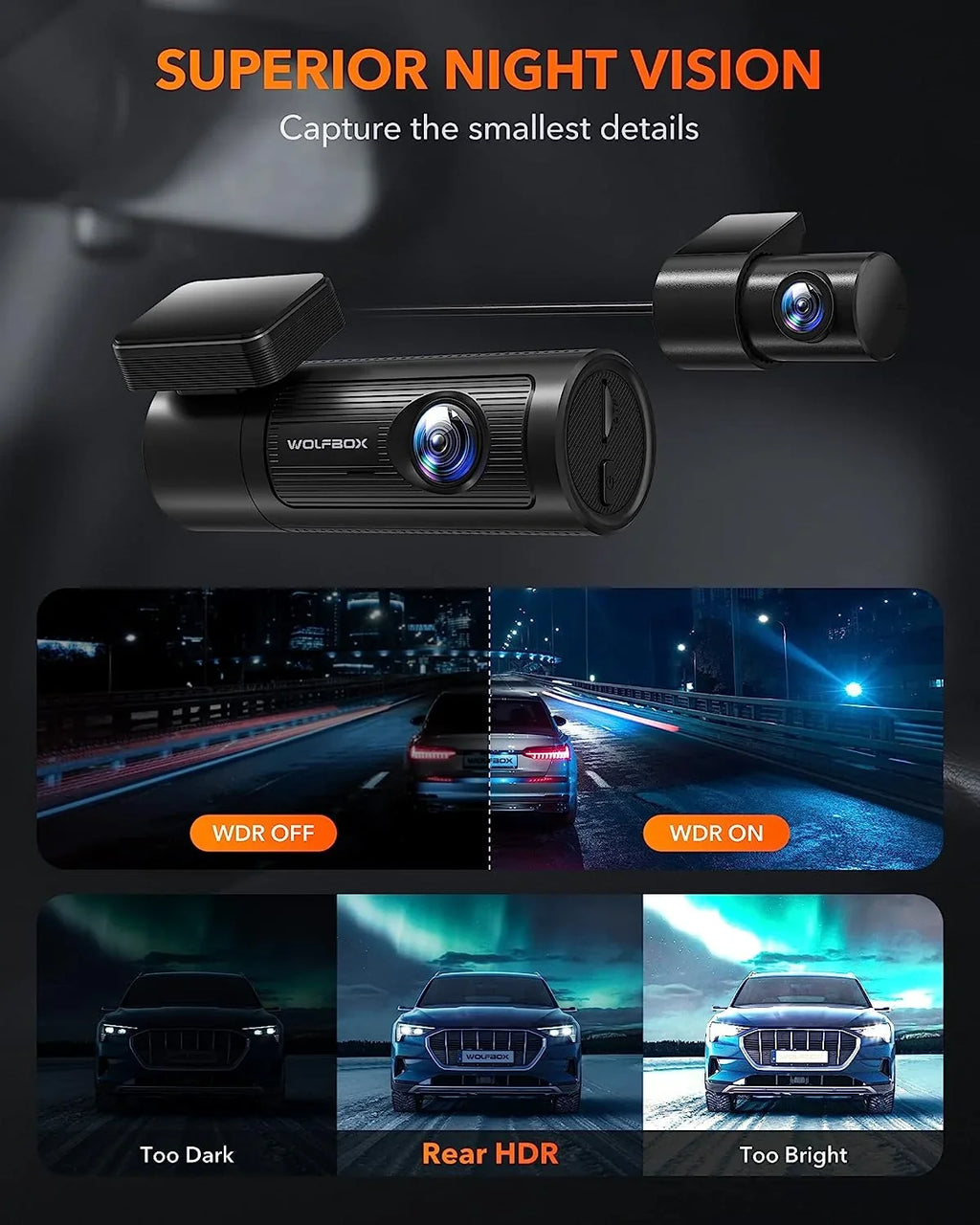 GPS Night Loop Rear UHD Dash 4K Dashcam 1080P WDR, Front and Rear, Recording and WiFi, Card, & DashCam Front WOLFBOX Car with Vision, with Free 32G Cam