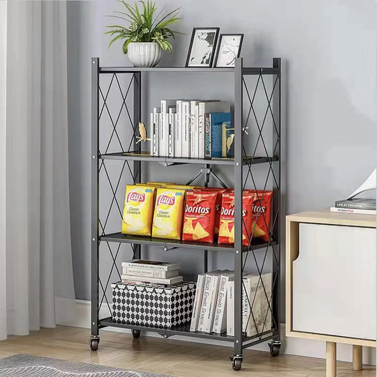 Hooks, Shelf Foldable Shelf, Shelf, SUGIFT Metal 3 Duty with Kitchen Black 4-Tier Heavy Storage