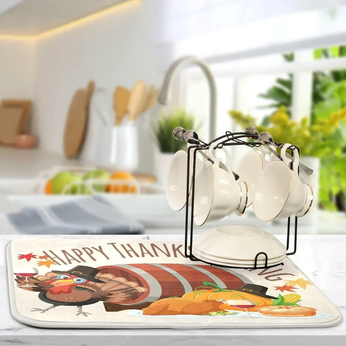 Dry Kitchen Autumn Turkey Dish Thankgiving Harvest Wellsay Fall Accessories Dish Drainer Dishes 16x18inch Mat Rack Fast Counter Happy Pad Drying for Mats Absorbent