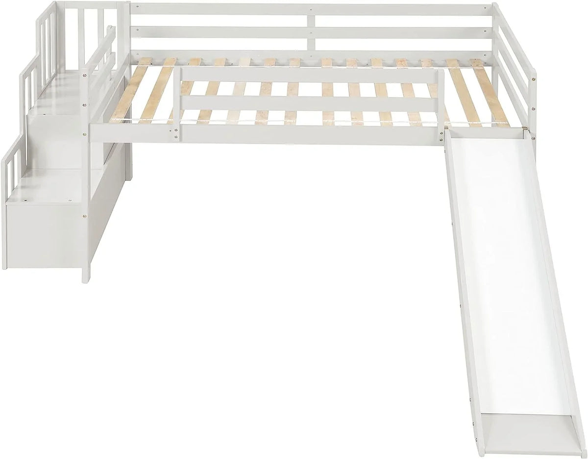 Needed Loft with Size (White) Teens Twin Loft Spring Frame and for Wood Low Bright with Toddlers Box Stairs Rail &amp; Harper Designs No Bed Bed Safety NLTBONNIE Slide