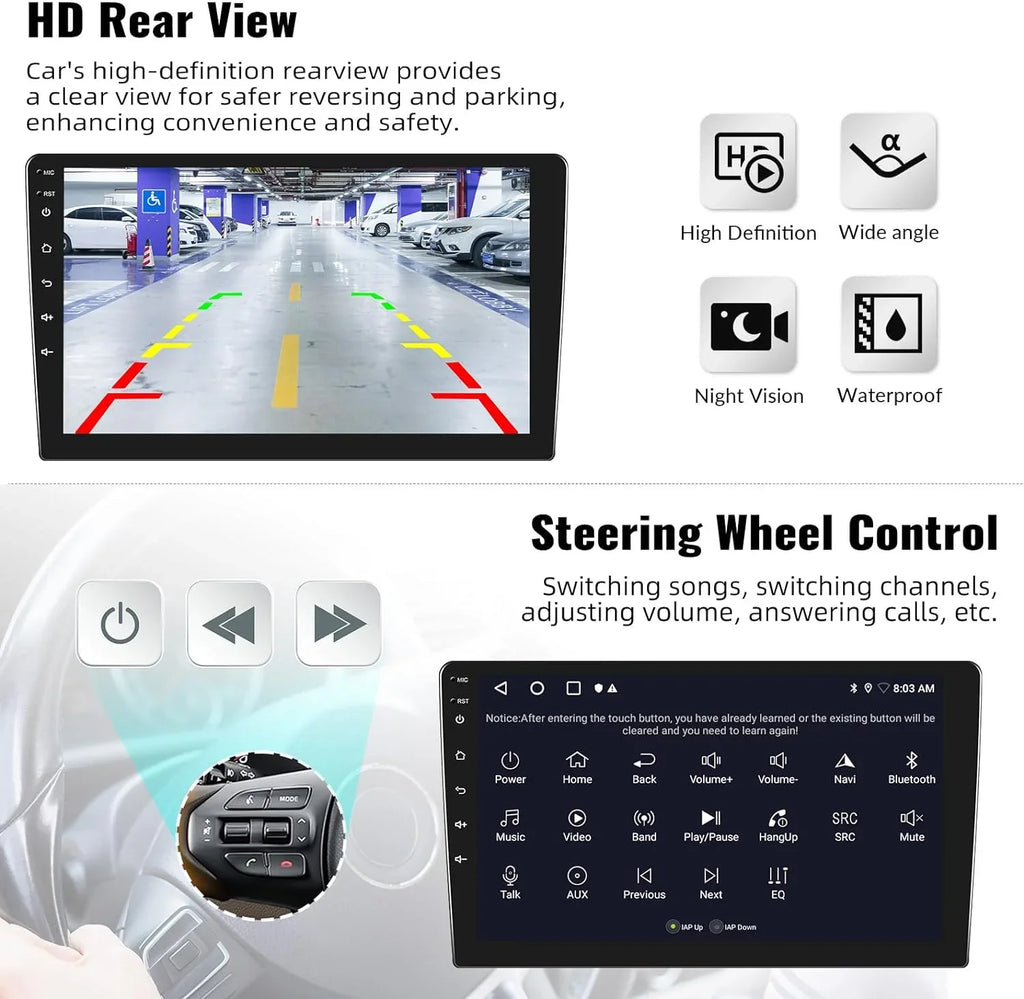 Camera with Bluetooth FM Radio Navigation Stereo 1080P Link Theme with 13 Carplay,10.1 GPS Mirror USB inch Touchscreen Android WiFi Backup 1+32G Car HD Support Receiver Player Change