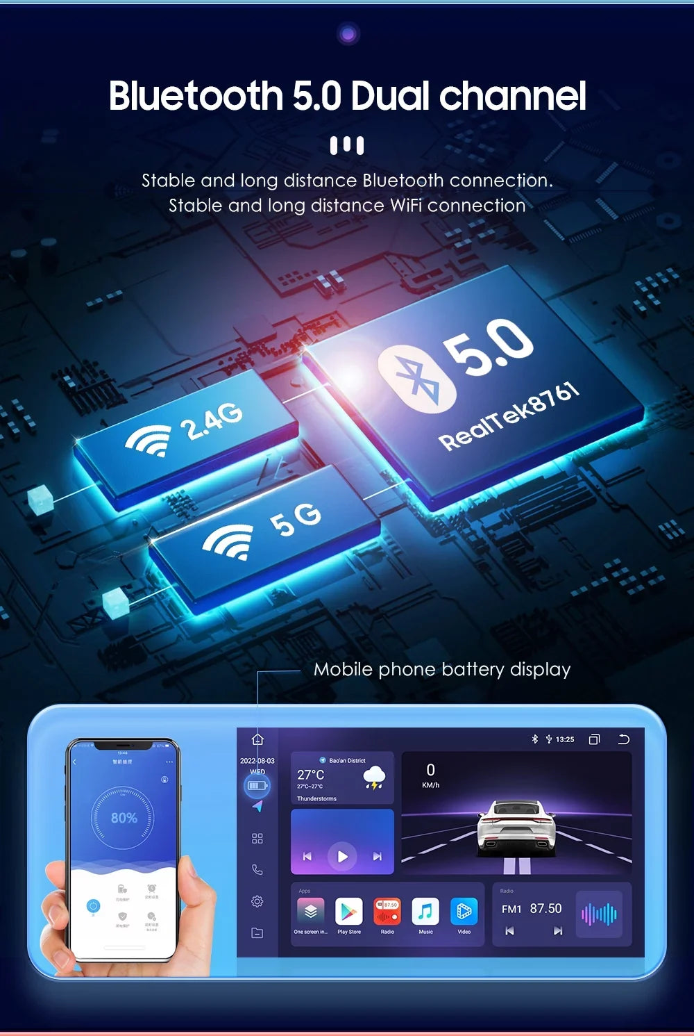 DSP Universal Wireless Stereo in-Dash 1280X720 Din 9" Double QLED Carplay Screen Auto Multimedia Android GPS Navigation Head Store,YouTube Car Player,Weather,Play Android Radio Unit 4+32G AM/FM
