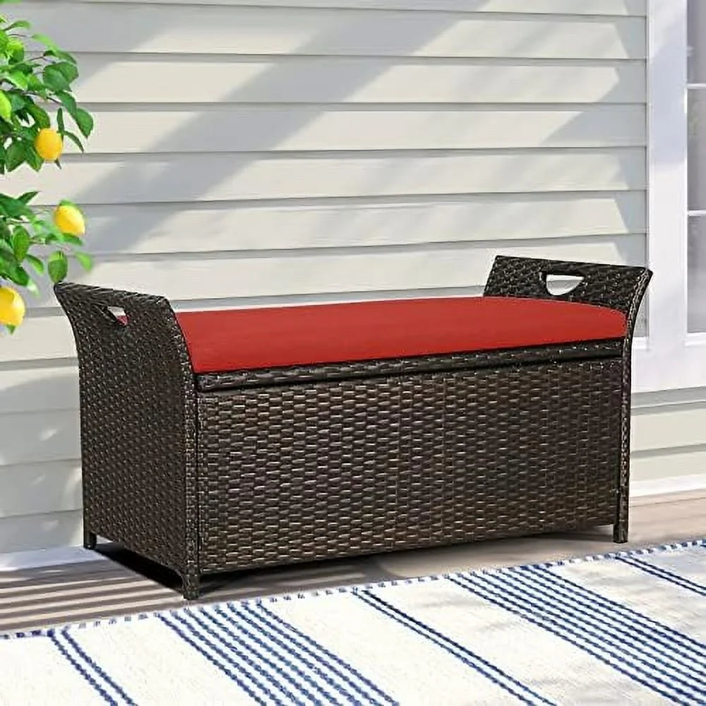Deck YPZBBOOM Cushion Bench with Box Rattan Bins Wicker Patio Outdoor (Red)