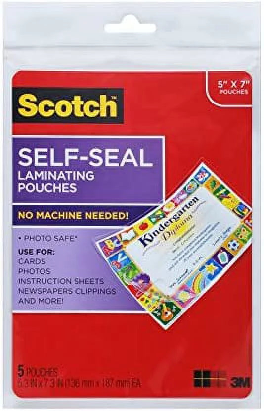 Inches, Photo 7 or (PL905) Laminating 5 Scotch Pouch, Document 5-Pack Glossy x