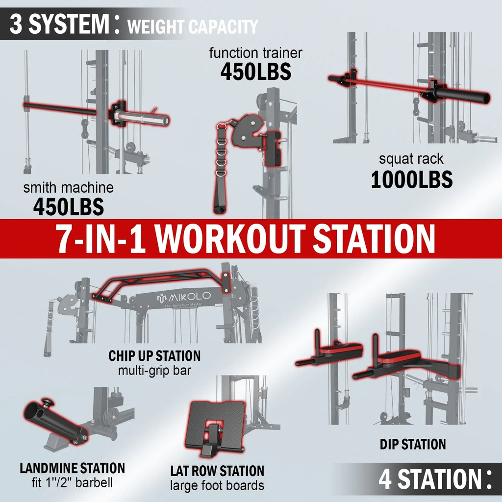 Total Weight Capacity Adjustable with Crossover, Gym, Smith 800LB lbs Cage Cage 100 Rack lbs Home Weight Plate, Machine Strength Cage Training with 2000 and Bench Cable Body Power Mikolo Smith