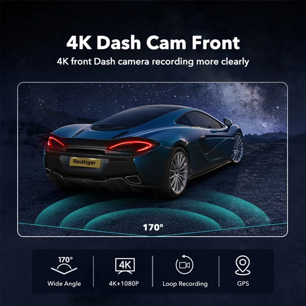 Wi-Fi LCD & Black Parking Cam, GPS, Dash Car 2160P Monitor, Camera, Screen, 24H REDTIGER 4K with Camera UHD Dash 4K 3.18"