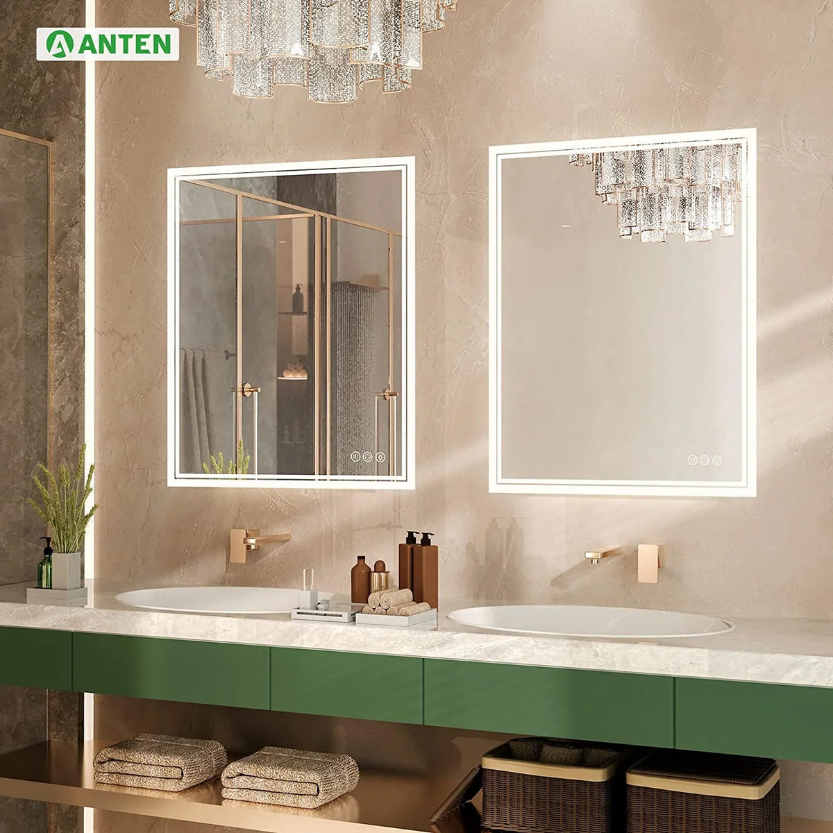 Wall-Mounted ANTEN Mirror, Lights, Bathroom Inch LED Mirror Vanity Lighted Touch Bathroom Mirror LED Anti-Fog, Dimmable Bathroom Mirror, Backlit with 36x28 3000K-6000K, Sensor,