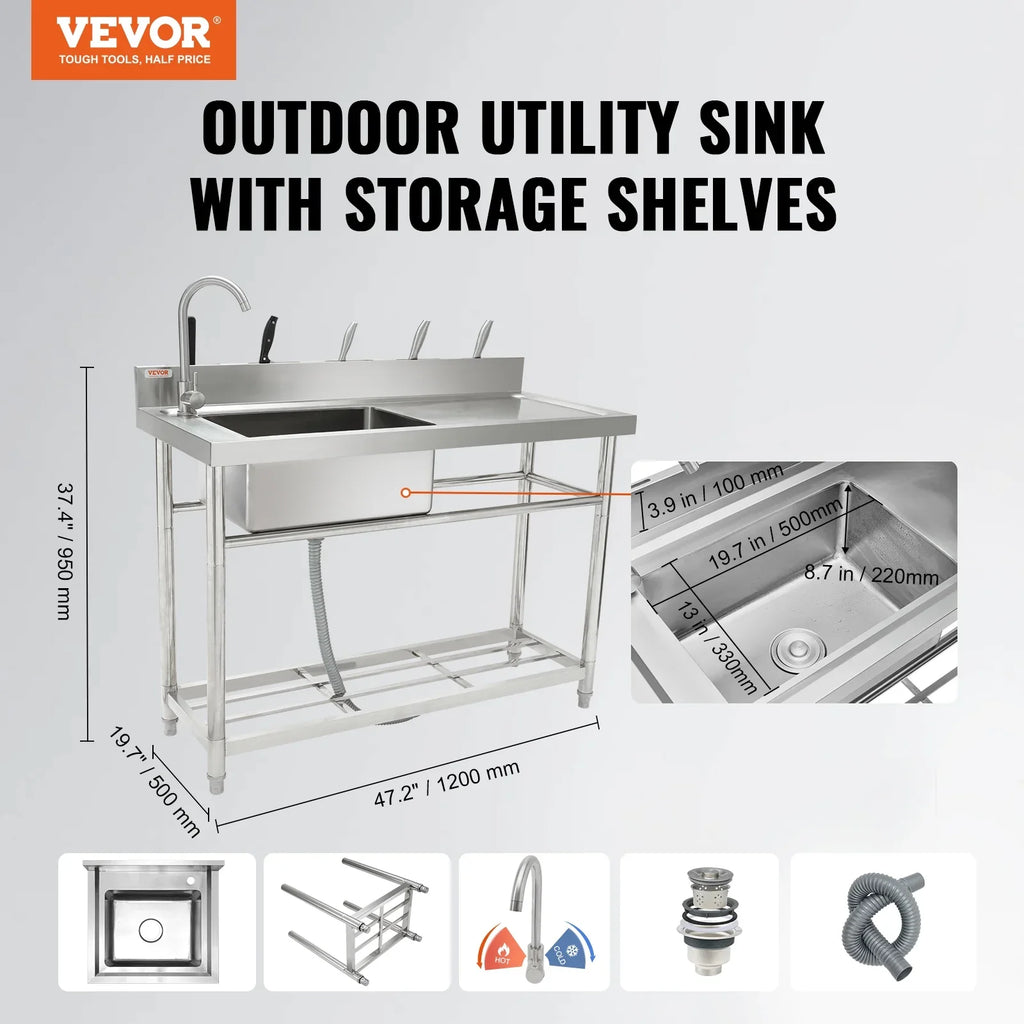 47.2x19.7x37.4 in Steel BENTISM w/Workbench Single Bowl Utility Sink Stainless