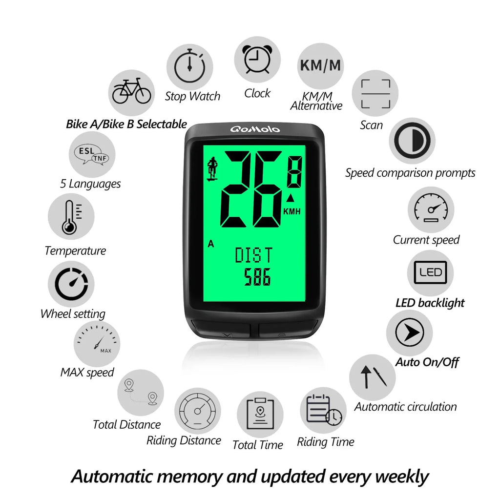 Wake-up Screen Bike Display LCD Bike IPX6 Wireless Multi-Functional Computer Automatic Waterproof Backlight Cycle Large Speedometer, Computer,