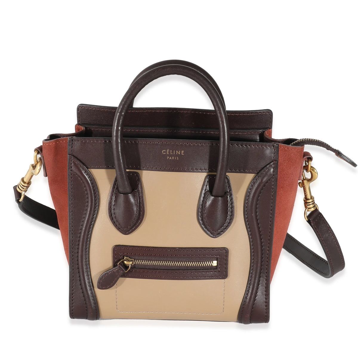 Celine Tri-Colour Brown Beige Burgundy Leather Luggage Nano Suede Pre-Owned