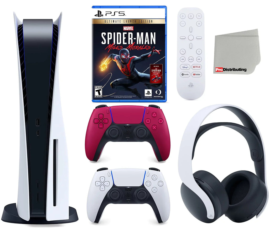 Disc) Cloth Cleaning Headset, Miles Edition 5 with Microfiber Ultimate Red Playstation Spider-Man: Launch Media ( Marvel's Controller, Cosmic and Version Disc PS5 Remote, Morales Extra Bundle