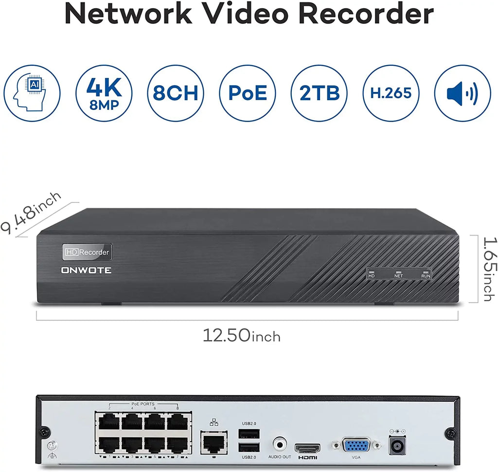 System, Vehicle AI System Color IP Pcs with Human 6MP 8 for Home ONWOTE Outdoor Business 8CH PoE Channel Detection Cameras, Wired PoE Vision, 122° NVR Camera Security HDD, 4 4K 2TB 4K Night