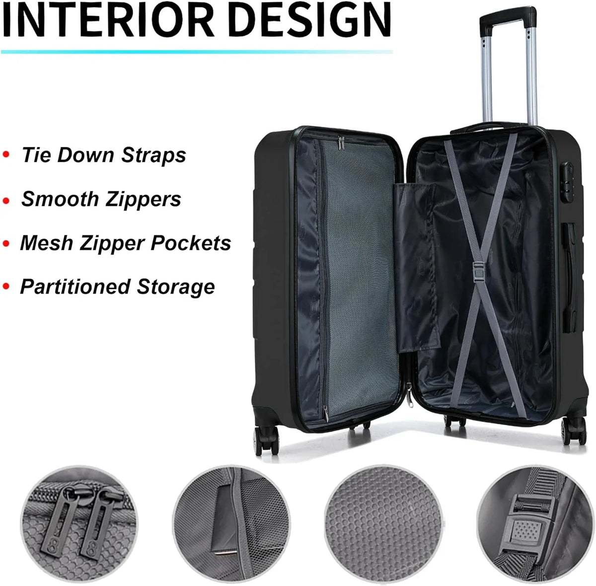 3 Lightweight 24'' inch Suitcase Hardshell (Black) ABS/PC and with Sets Spinner Luggage Sets Piece Code Suitcase Lock 28 Wheels 20'' Durable Travel