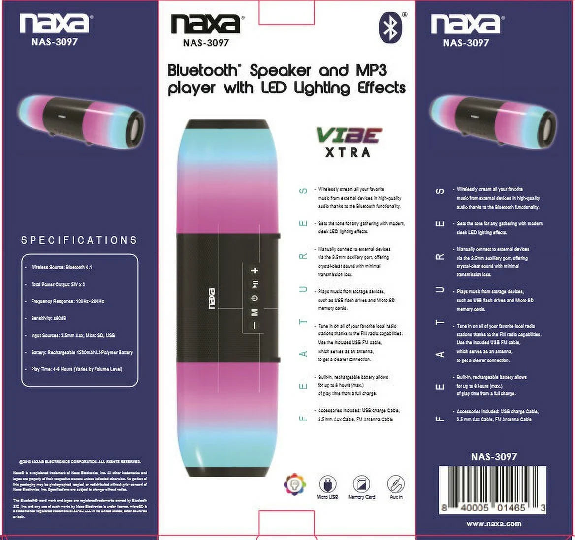 Bluetooth Black, Speaker, NAS3097 NAS3097Portable Naxa