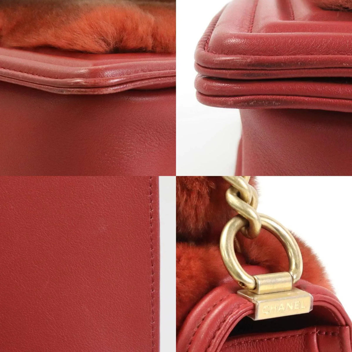 brown Pre-Owned e55871a (Good) red fur/leather ladies handbag bag gold diagonal boy shoulder