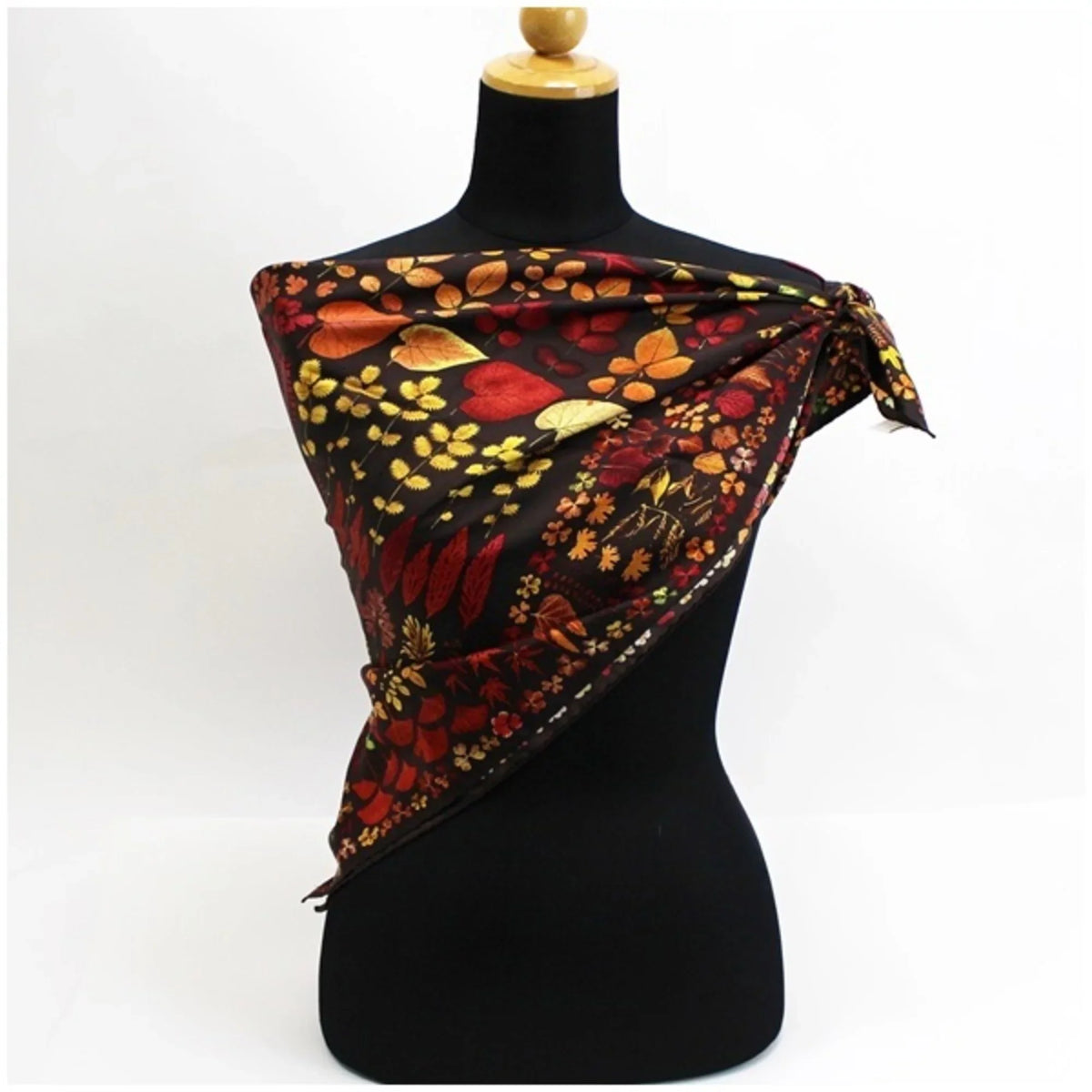 | (Good) Stole Silk Scarf Brown Leaf Muffler Autumn Pattern Ladies Pre-Owned
