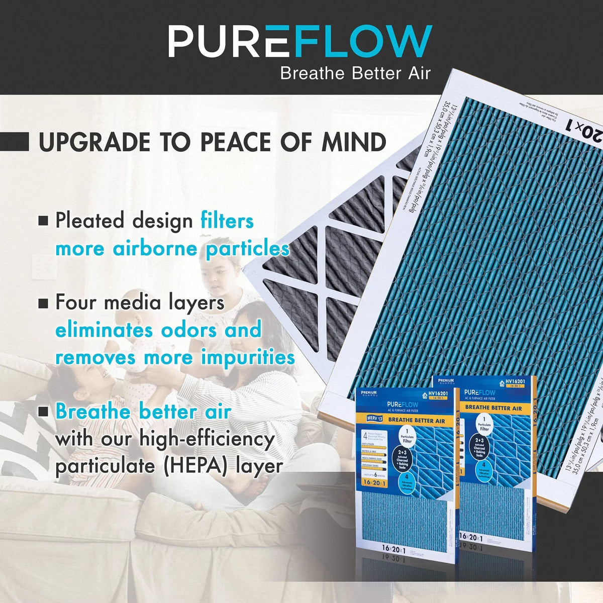 PureFlow, Filter 4 of with MERV-13 Technology, Advanced Furnace Layers Air 16x25x1, Home Filtration Pack-of-2