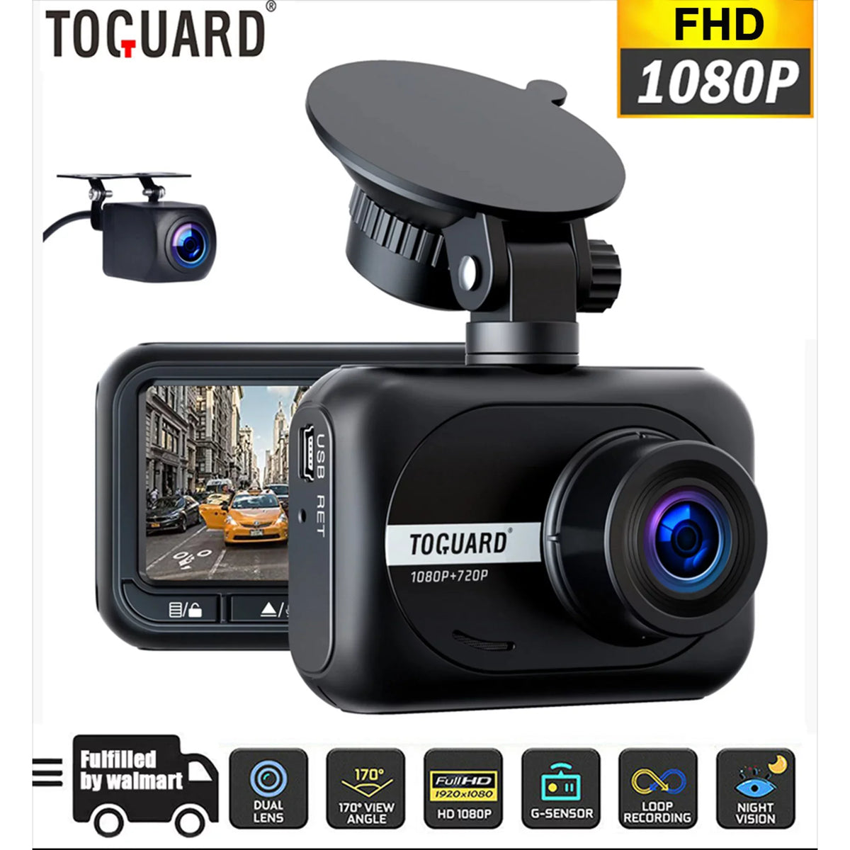 1080P TOGUARD with Loop Cam Camera Recording, 2.45-inch LCD G-Sensor, Car Parking Display, and Night Rear, Mode, with Camera, Dash Vision, Dash WDR Front Dashcam