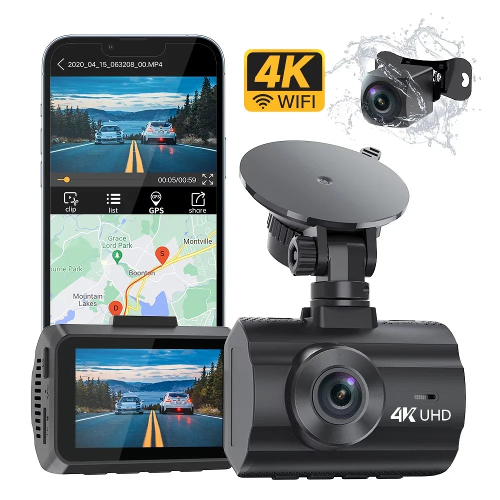WDR, LCD G-Sensor,Black WiFi Night Mode, 2" Dashcam Dash 4K Screen, Dash with Car Wide Angle, and Rear, Vision,Parking Camera, Front 170° Cam GPS,4K+1080P