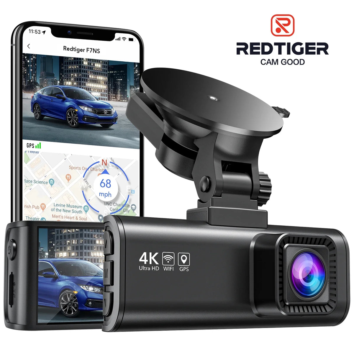 Wi-Fi LCD & Black Parking Cam, GPS, Dash Car 2160P Monitor, Camera, Screen, 24H REDTIGER 4K with Camera UHD Dash 4K 3.18"
