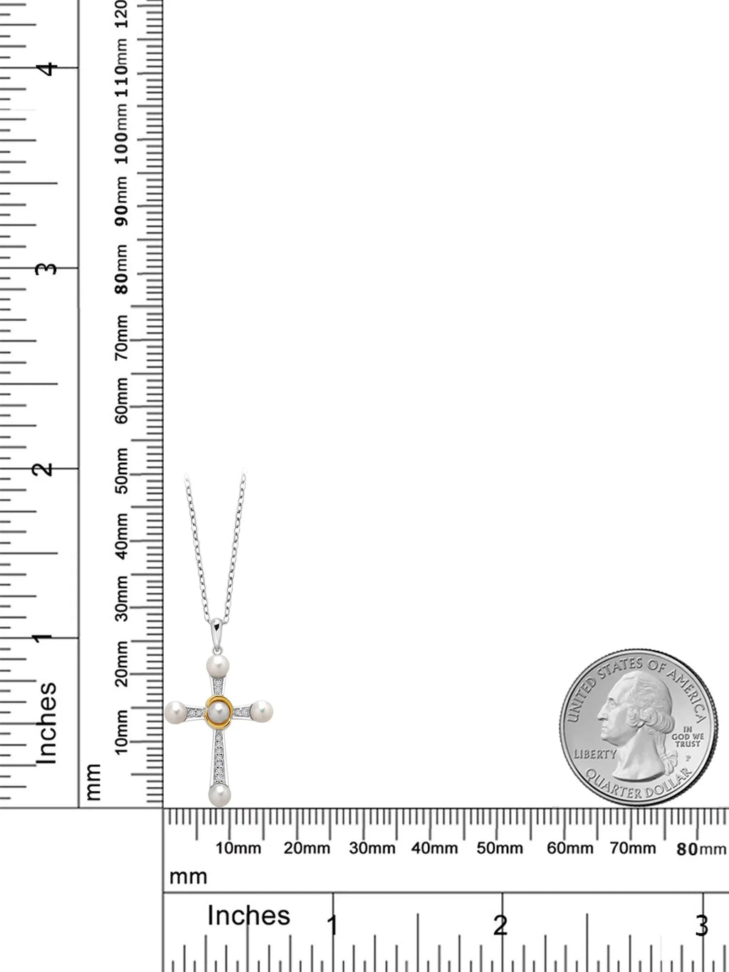 Lab Women Necklace for Stone Pendant and Pearls, Cross inch Cultured 10K Yellow (0.10 925 4-4.5MM Grown Round and Silver 18 Diamond Gem Freshwater King Cttw, Gold Pearl Chain)