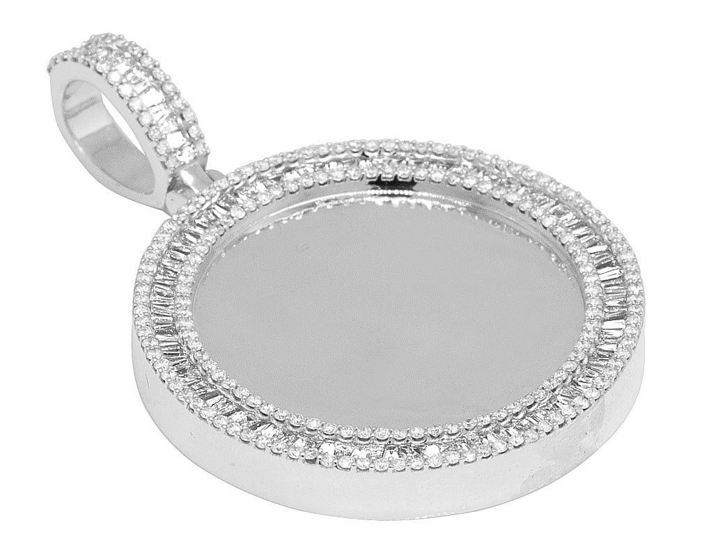 White Memory Diamond Frame 2" 2.2CT Gold Baguette Photo Engrave Pendant