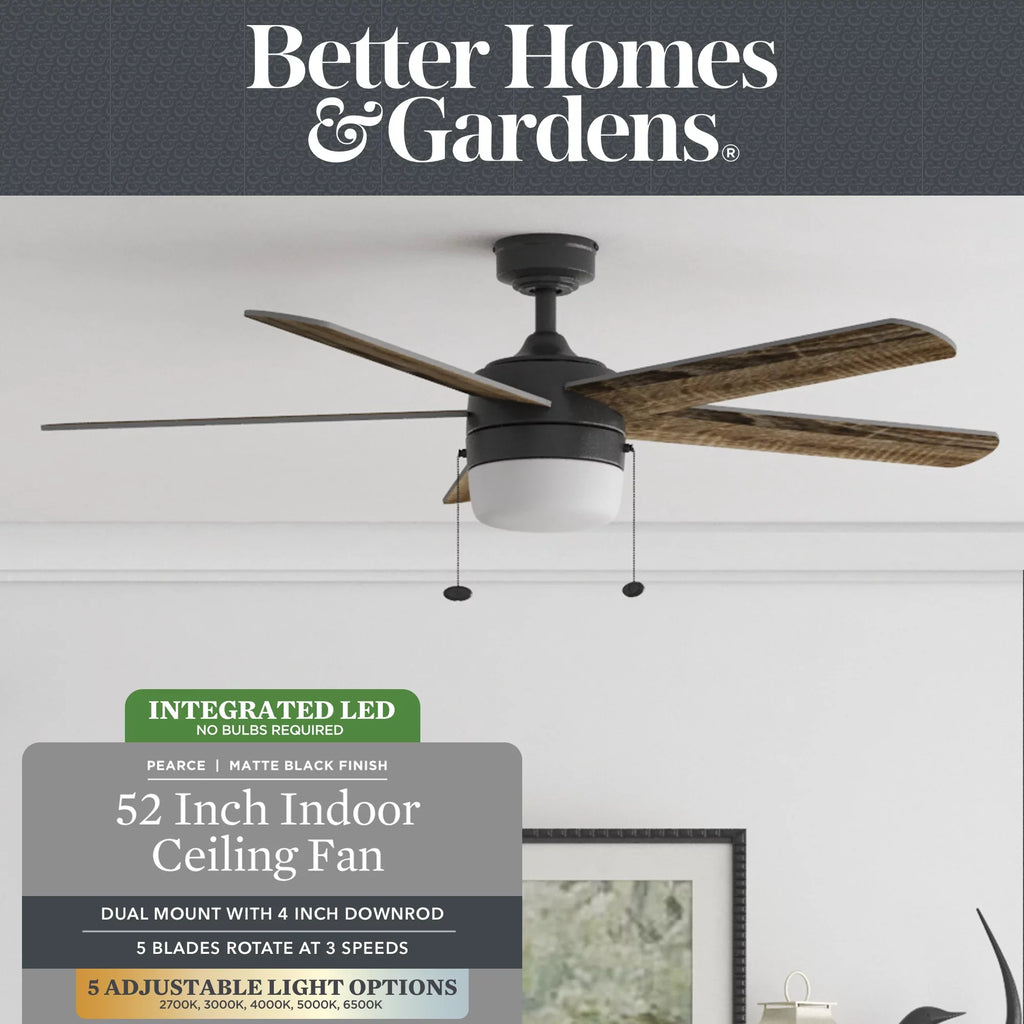 Reverse with Gardens Color Homes Temperature Indoor Light, Ceiling 52" & Airflow Black & Fan Adjustable Pearce Better