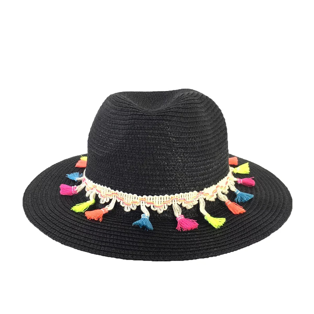 Fashion Black Festive Panama Culture Straw Hat, Tassel