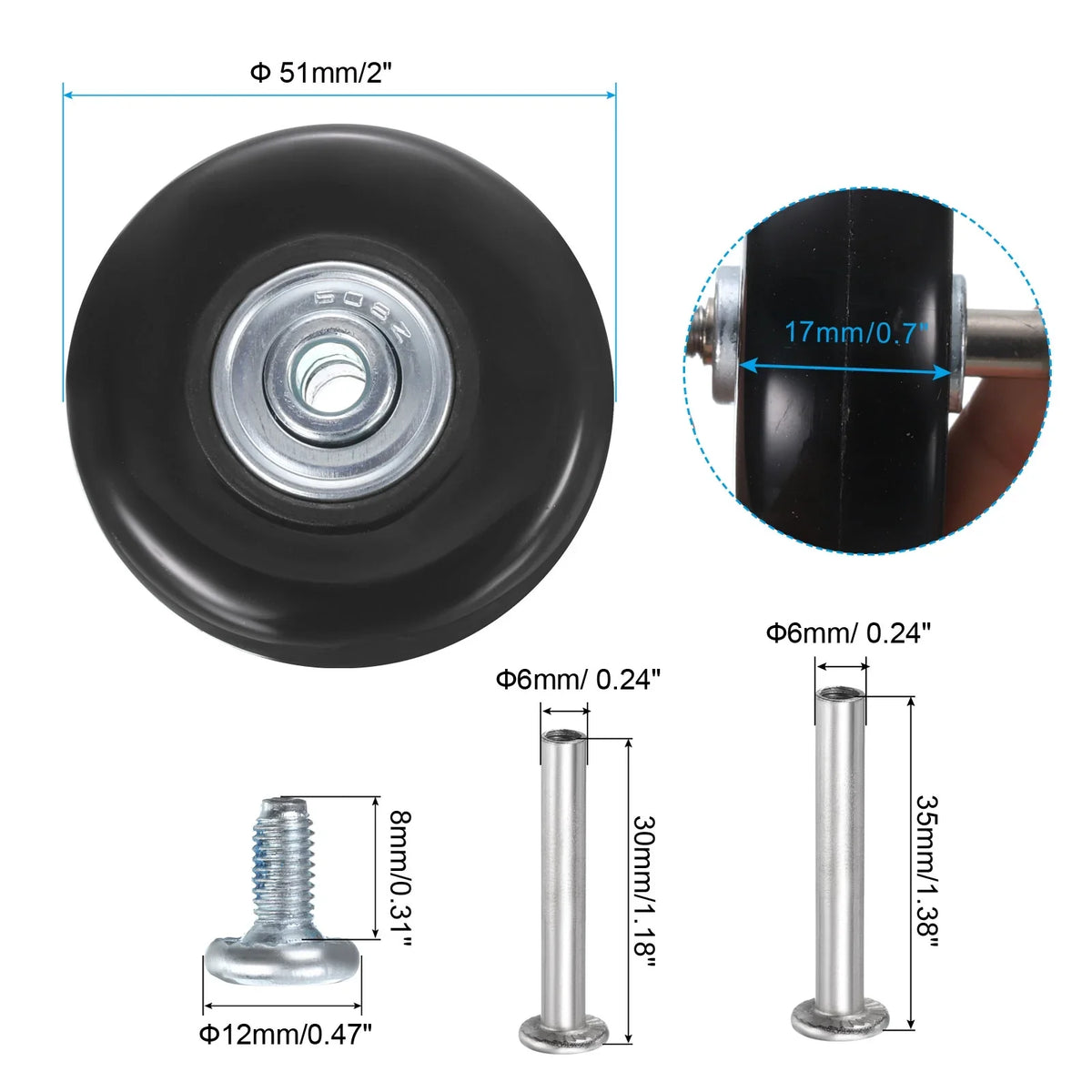 Wheels Replacement x 17 0.7" 2 Set x Suitcase, mm/2" Luggage for Uxcell 51 Black,