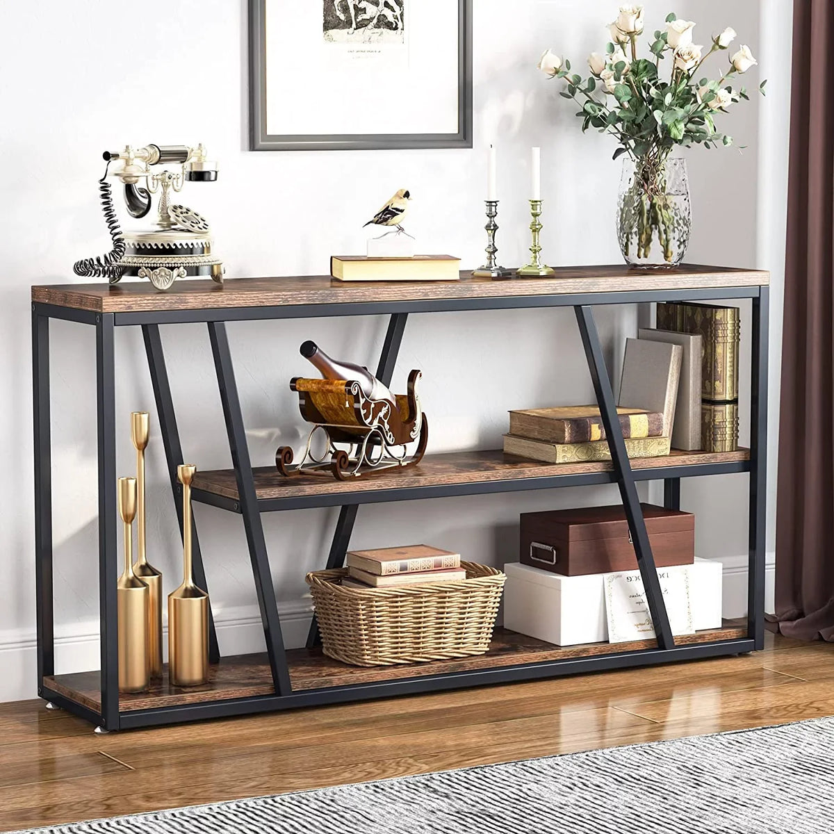 with H, 11.8" Entryway W Table, 3-Tier 59.1" Industrial Sofa Rustic Brown Entryway, Table x Storage Hallway, for with L Room, x 31.5" Shelves, Living Console Table