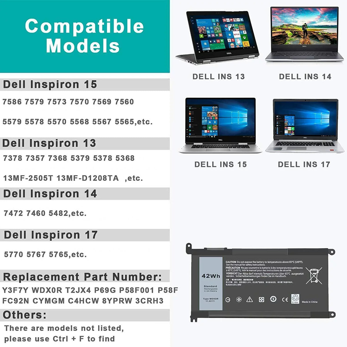 For FC92N 15 WDX0R 5568 7579 Battery 5567 5368 10x 7368 Inspiron 7569 13