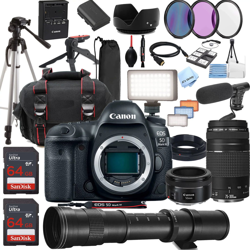 Canon More Kit) Camera on + + 75-300mm STM Always Mark 128GB Telephoto LED IV 420-800mm Bundle EF Super EOS Light + Memory, + Case, DSLR 5D w/ (34PC 50mm Filters, + Lens Tripod