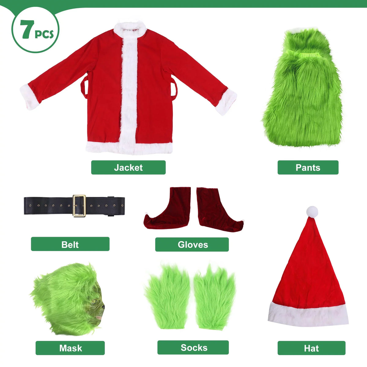Xmas Halloween Green Furry Monster Men -XXL Set Santa Outfit Big Costume Adult Suit Christmas Deluxe Holiday for 7PCS