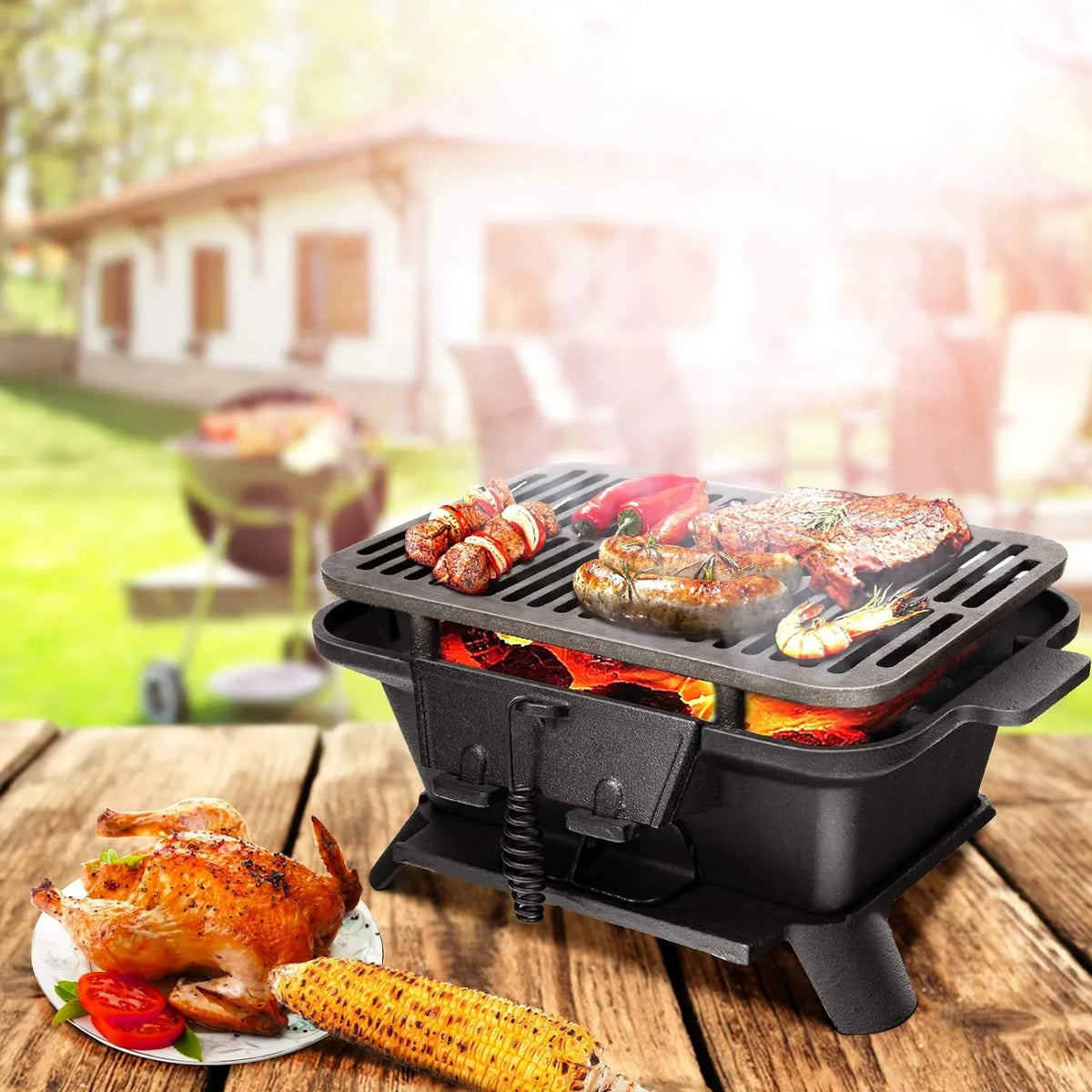 Cooking Grilling Grill for Regulating Camping Charcoal Fire Portable Door, Outdoor Patio Grill, Grill Cast with BBQ Air Backyard Grill Iron Double-sided Hibachi Net, Perfect Picnic Gate,