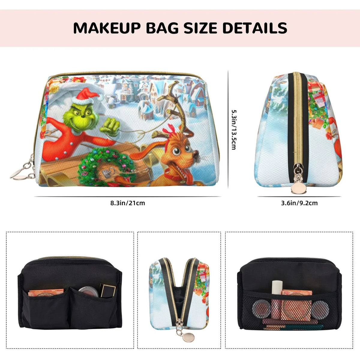 Grinch The Christmas Pouch Leather Organizer Toiletry Bag Gift Storage Cosmetic Travel Bag Adventures Portable Makeup Purse