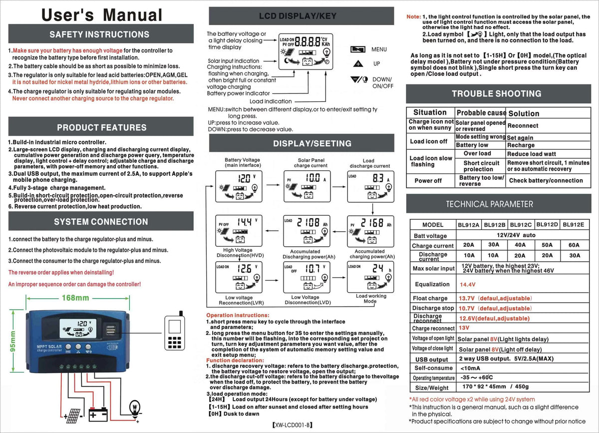 Controller Regulator Charge USB Solar Charge LCD Panel Htovila Charge Controller Intelligent Solar 30A-100A Display Adjustable Parameter Dual