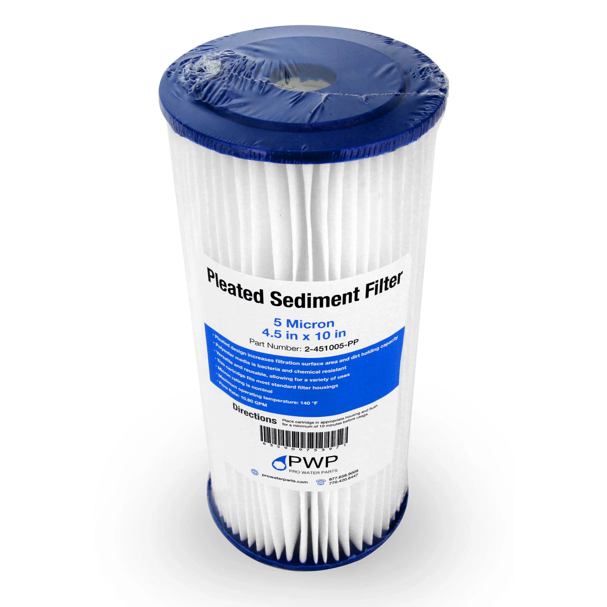Water Pleated Poly Sediment Micron Filter 4.5x10" Pack Cartridge 5 20