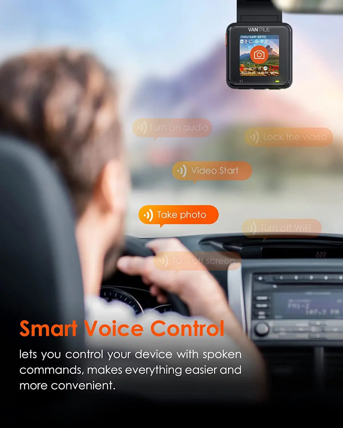 Hours Mode, APP, and Vision, Motion Buffered Front E1 GPS 24 Car Cam 512GB Mini Vantrue Night Voice Speed, Controller, Support Camera, Parking Control Wireless with Detection, WiFi Dash Max 2.5K Dash