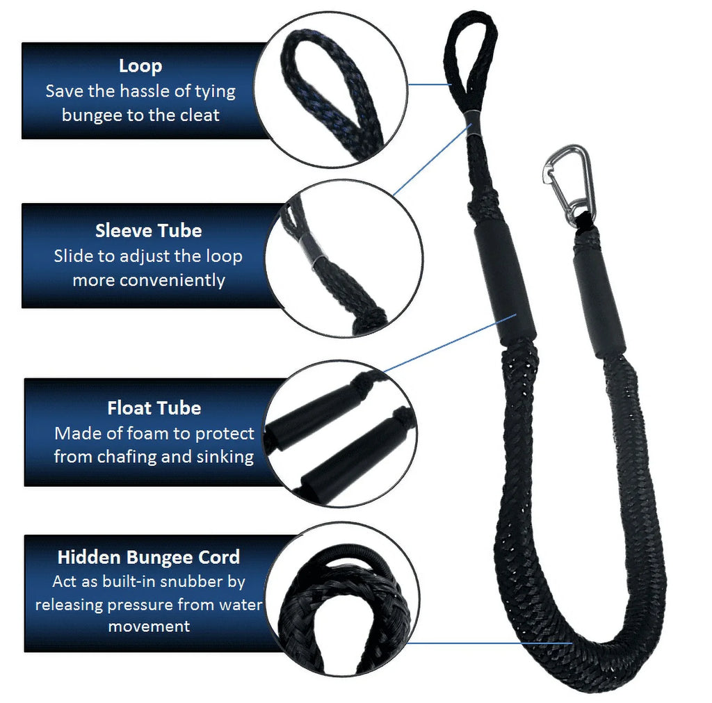 Fresh & and Salt Line Pack Water Boat SS316 Bungee (Black Ski Snap White) Hook with Jet Kayak Pontoon Rope 4'-5.5' 2 Pactrade Use Dock Mooring Marine PWC