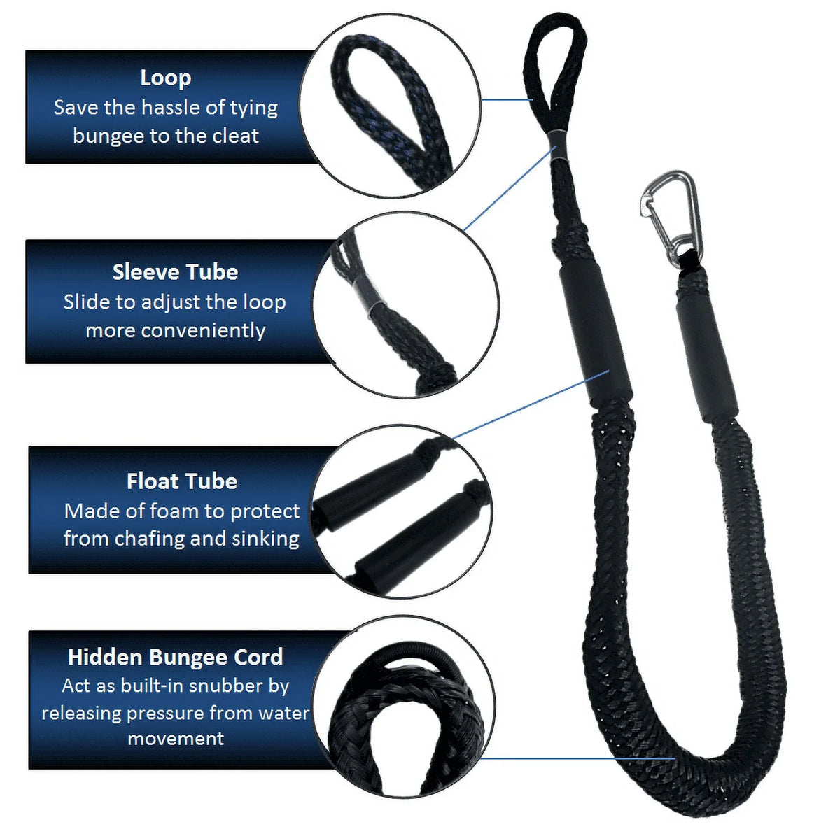 Fresh & and Salt Line Pack Water Boat SS316 Bungee (Black Ski Snap White) Hook with Jet Kayak Pontoon Rope 4'-5.5' 2 Pactrade Use Dock Mooring Marine PWC